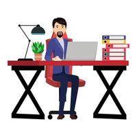 Beautiful businessman freelancer character siting on desk with modern office chair and table table lamp with pc laptop file folder with house plants vector