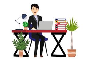 Cute beautiful businessman freelancer character siting on desk with modern office chair and table table lamp with pc laptop file folder with house plants vector