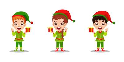 Cute beautiful kid boys and girl character wearing Christmas outfit and waving colorful and holding gift boxes vector