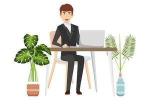 lindo y hermoso personaje de empresario independiente ubicado en el escritorio con una silla de oficina moderna y una mesa con una computadora portátil con plantas de interior vector