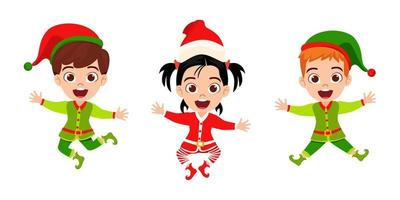 Cute beautiful kid boys and girl character wearing Christmas outfit and waving colorful and jumping on air sky vector