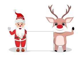 lindo hermoso personaje de navidad santa personaje de reno vistiendo traje de navidad de pie y sosteniendo un cartel en blanco vector