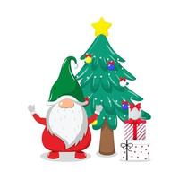 lindo y hermoso personaje de santa vistiendo traje de navidad y saludando coloridos y de pie con cajas de regalo y con árbol de navidad vector