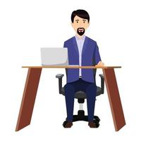 Cute beautiful businessman freelancer character siting on desk with modern office chair and table with pc laptop computer vector