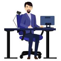 Hermoso personaje de empresario independiente ubicado en el escritorio con silla de oficina moderna y lámpara de mesa con computadora pc vector