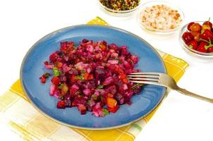 Vegetarian dish. Boiled vegetable salad, beets, carrots, potatoes, olive oil
