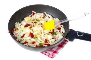 Frying pan with chopped cabbage, vegetable dishes photo