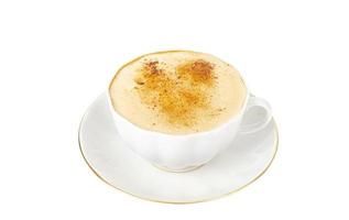 Cappuccino with cinnamon in white cup and saucer, isolate. photo