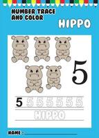 trace and color number . trace the cute hippo . vector