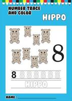 trace and color number . trace the cute hippo . vector