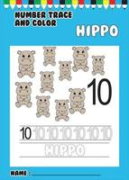 trace and color number . trace the cute hippo . vector