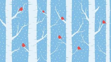 Blue Background winter forest birds and snowfall vector