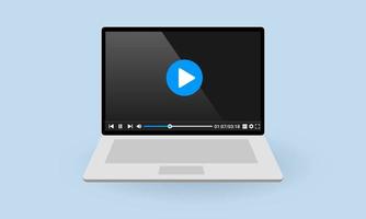 Vector illustration of a laptop screen showing a video player website. Suitable for design element of promotional video marketing, online video tutorial, and web video player user interface mock up.
