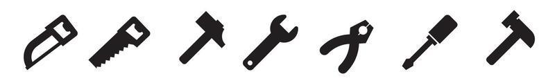 Hand-held working tools , set of icons.  Monochrome silhouettes. Vector illustration.