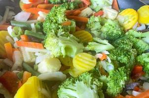 Different seasonal vegetables are fried in pan. Studio Photo