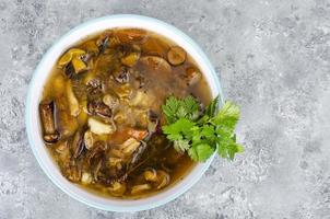 Delicious hot soup with wild mushrooms. Studio Photo. photo