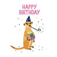 feliz cumpleaños. letras con una adorable suricata que sopla un cuerno de fiesta