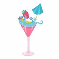 Cute turquoise gecko lies in a cocktail glass with a strawberry vector