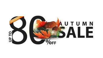 Autumn sale, white banner with 80 off, mushrooms and autumn leaves