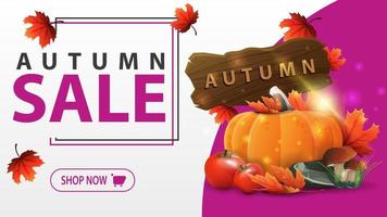 Autumn sale, white banner with harvest of vegetables and a wooden sign vector