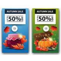 Autumn sale, two discount banners with jar of jam, maple leaves, harvest of vegetables and a wooden sign vector