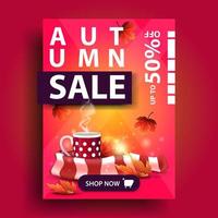 Autumn sale, vertical pink discount banner with mug of hot tea and warm scarf vector