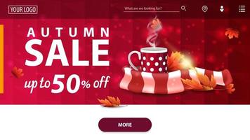 Autumn sale, modern red horizontal web banner with mug of hot tea and warm scarf