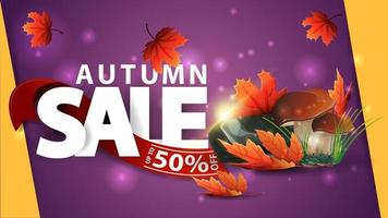 Autumn sale, purple web banner with mushrooms and autumn leaves vector