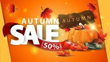 Autumn sale, orange web banner with harvest of vegetables and a wooden sign