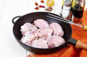 Raw pieces of chicken leg in skillet for cooking. Studio Photo. photo