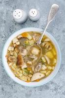 Delicious homemade soup with wild mushrooms. Studio Photo. photo