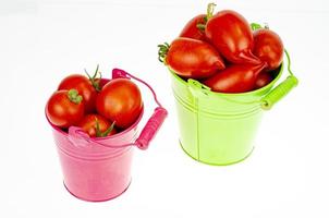 Harvesting. Red ripe tomatoes in colored buckets on white background. Studio Photo.