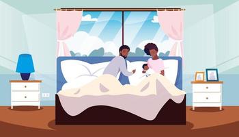 Los padres afro en la cama con el recién nacido dentro de la habitación vector