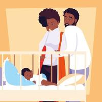 parents afro observing of baby boy sleeping vector
