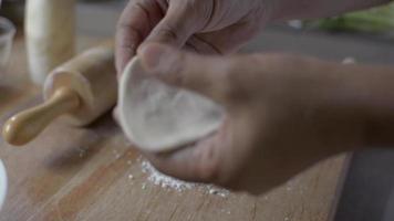 Close up hands of female chef preparing pork dumpling. video