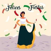 Felices fiestas etiqueta con mujer con traje típico mexicano vector