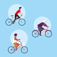 grupo de hombre joven montando bicicleta avatar personaje vector