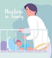 recién nacido en tarjeta familiar con papá y bebé durmiendo en la cuna vector