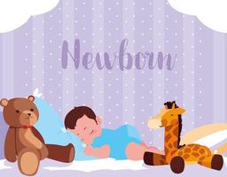 Tarjeta de recién nacido con niño durmiendo con juguetes. vector