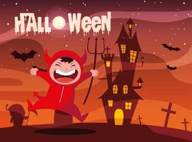 cartel de halloween con niño disfrazado de diablo vector