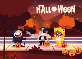 poster of halloween with cute children disguised vector