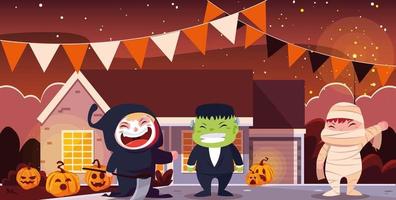 lindos niños disfrazados para halloween vector