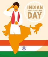 etiqueta india del día de la independencia con el hombre y el mapa vector