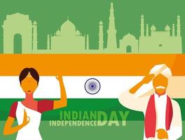 independence day indian label with couple and flag vector