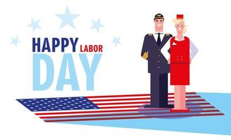 labor day label with pilot and stewardess vector