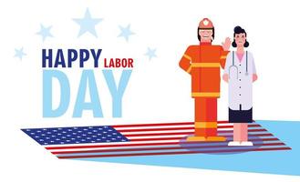 labor day label with firefighter and doctor female vector