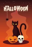 cartel de halloween con gato e iconos vector