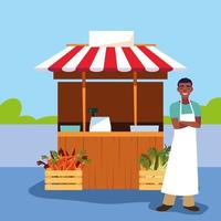 salesman with stall kiosk of store vegetables vector