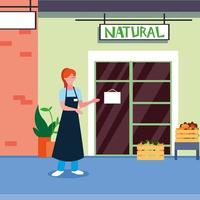 saleswoman with fruits natural store facade vector