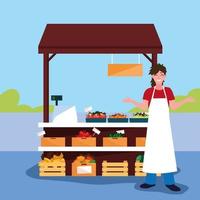 salesman with stall kiosk of store vegetables and fruits vector